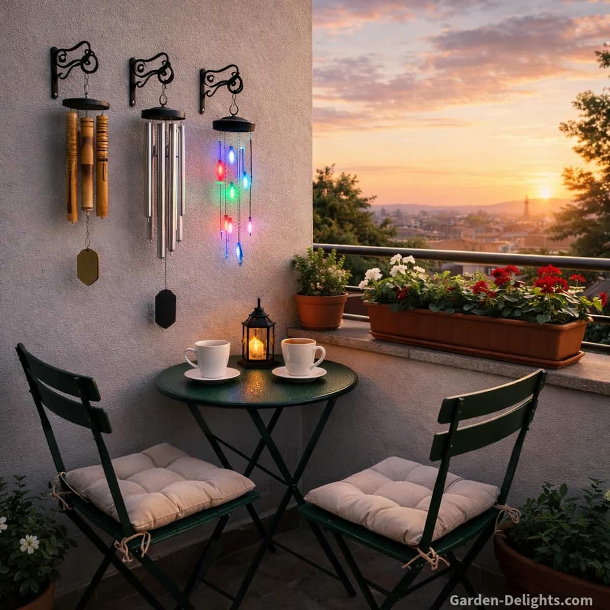 Summer balcony with bamboo aluminum and solar wind chimes mounted on decorative wrought iron wall hooks above a green bistro table with terracotta plants glowing under a warm sunset sky