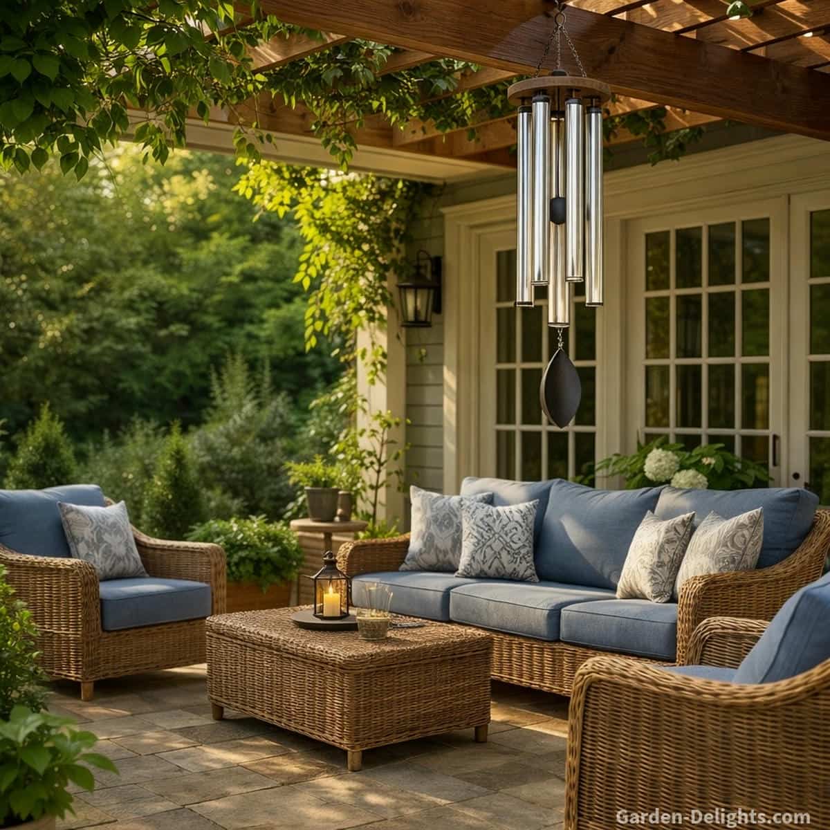 Summer wind chime placement beneath a cedar pergola attached to a light grey home with white trim, polished aluminum wind chime gently moving in warm golden sunlight above light brown wicker sofa and chairs with blue cushions and grey pillows on a stone patio, supporting seasonal Chi flow, outdoor airflow balance and calm summer harmony