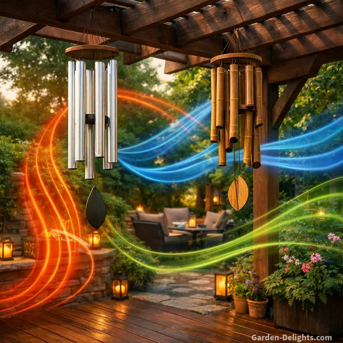 Summer patio pergola with aluminum and bamboo wind chimes catching warm airflow, showing how thermal breezes, foliage pathways and deck structures amplify tone projection and seasonal acoustic clarity