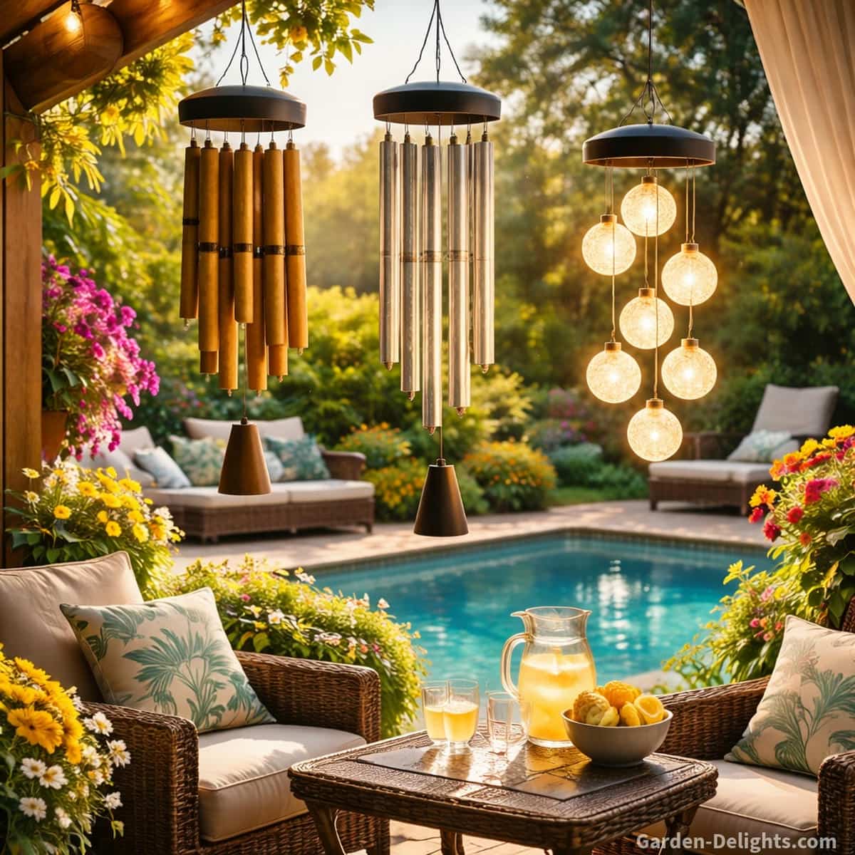 Summer patio with aluminum and solar wind chimes glowing in bright sunlight beside a garden pergola and poolside seating, showing how UV light and warm airflow influence tone clarity, color stability and seasonal resonance