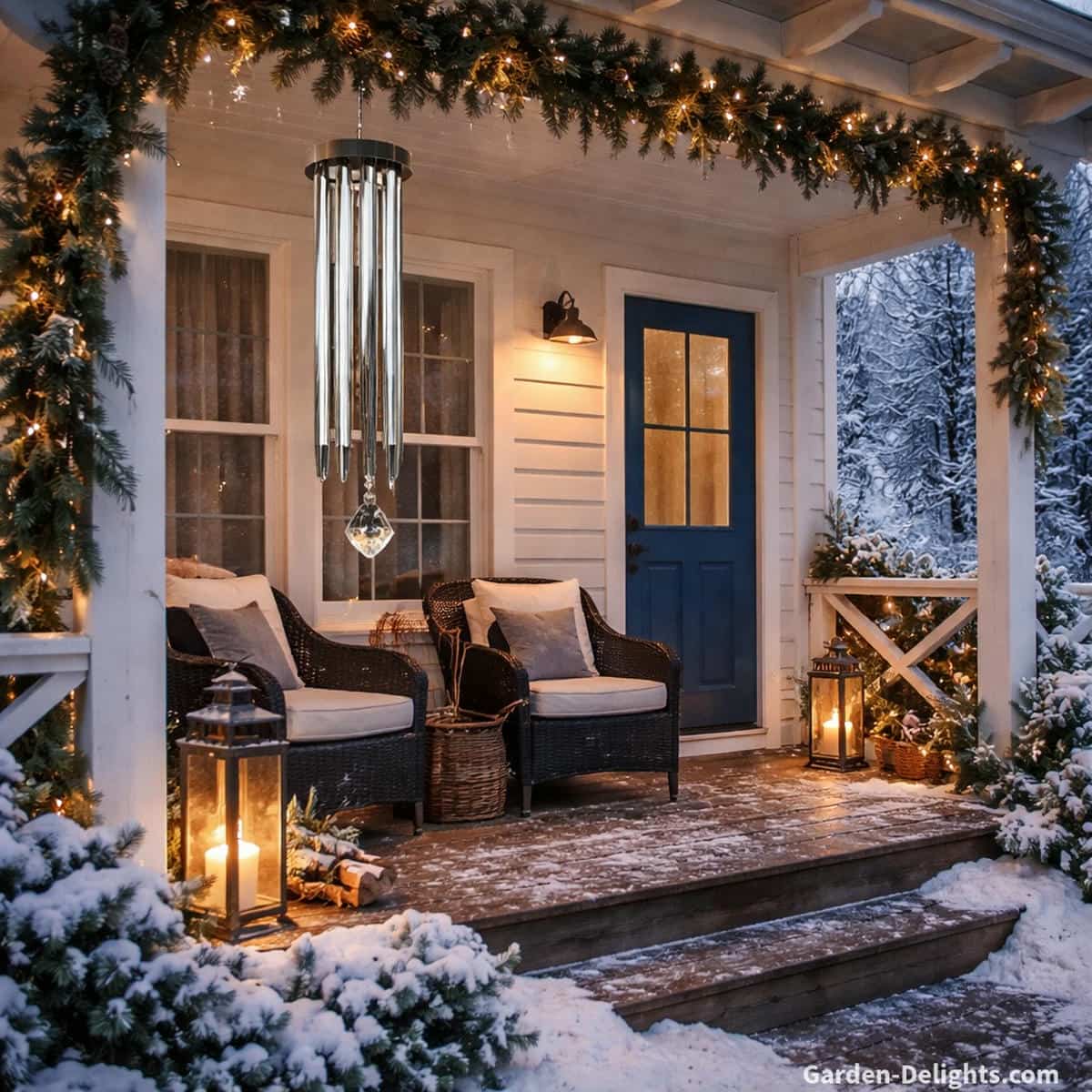 Crystal and brushed aluminum winter wind chime hanging above dark wicker chairs and glowing lanterns on a snowy front porch with evergreen garland soft twinkle lights and calm winter stillness that brings gentle emotional comfort and peaceful seasonal reflection.