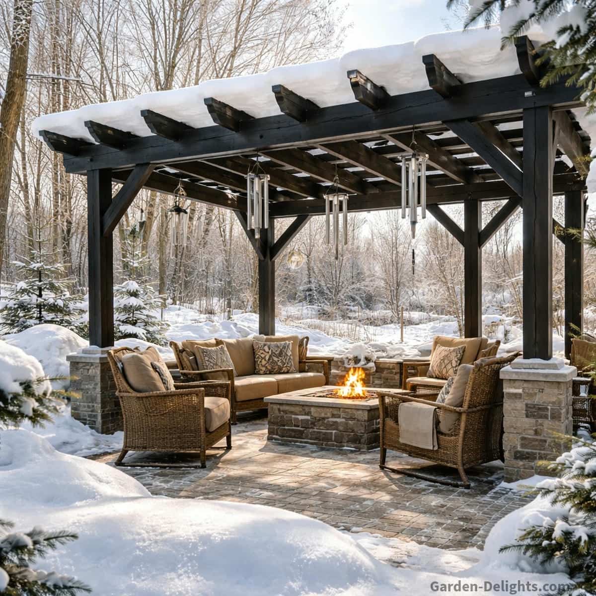 Winter wind chimes hanging under a black pergola in bright midday sunlight with snow covered surfaces showing how cold air density and gentle winter airflow shape tone clarity and outdoor resonance