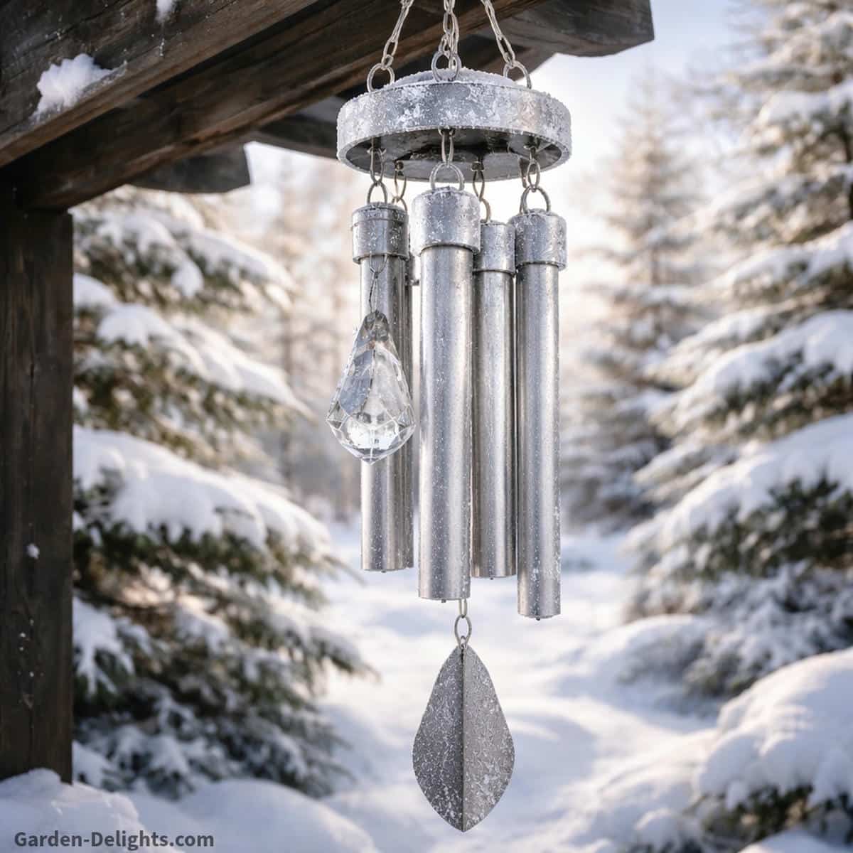Full winter wind chime with frosted aluminum tubes, crystal pendant and coated hardware hanging from a snow covered pergola with a snowy forest background showing how cold weather durability protects tone clarity and outdoor performance