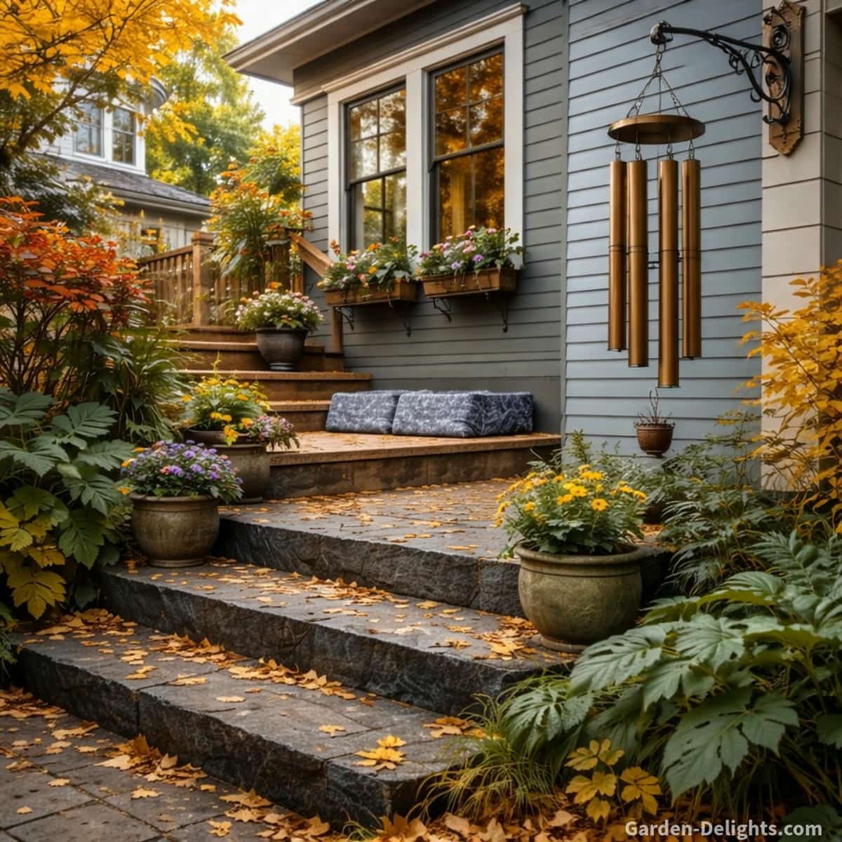 bronze wind chimes hanging from decorative cast iron wall hook beside light blue house with dark trim and black stone steps in an autumn patio garden showing seasonal durability airflow movement deep resonance calming sound and grounding outdoor atmosphere in a peaceful residential setting