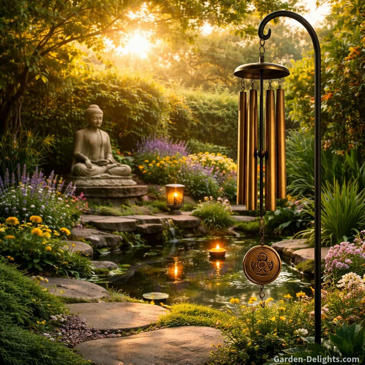 bronze wind chimes aligned with Feng Shui Bagua zones representing grounding energy emotional healing and spiritual balance through harmonic sustain behavior and steady sound vibration in garden and meditation spaces