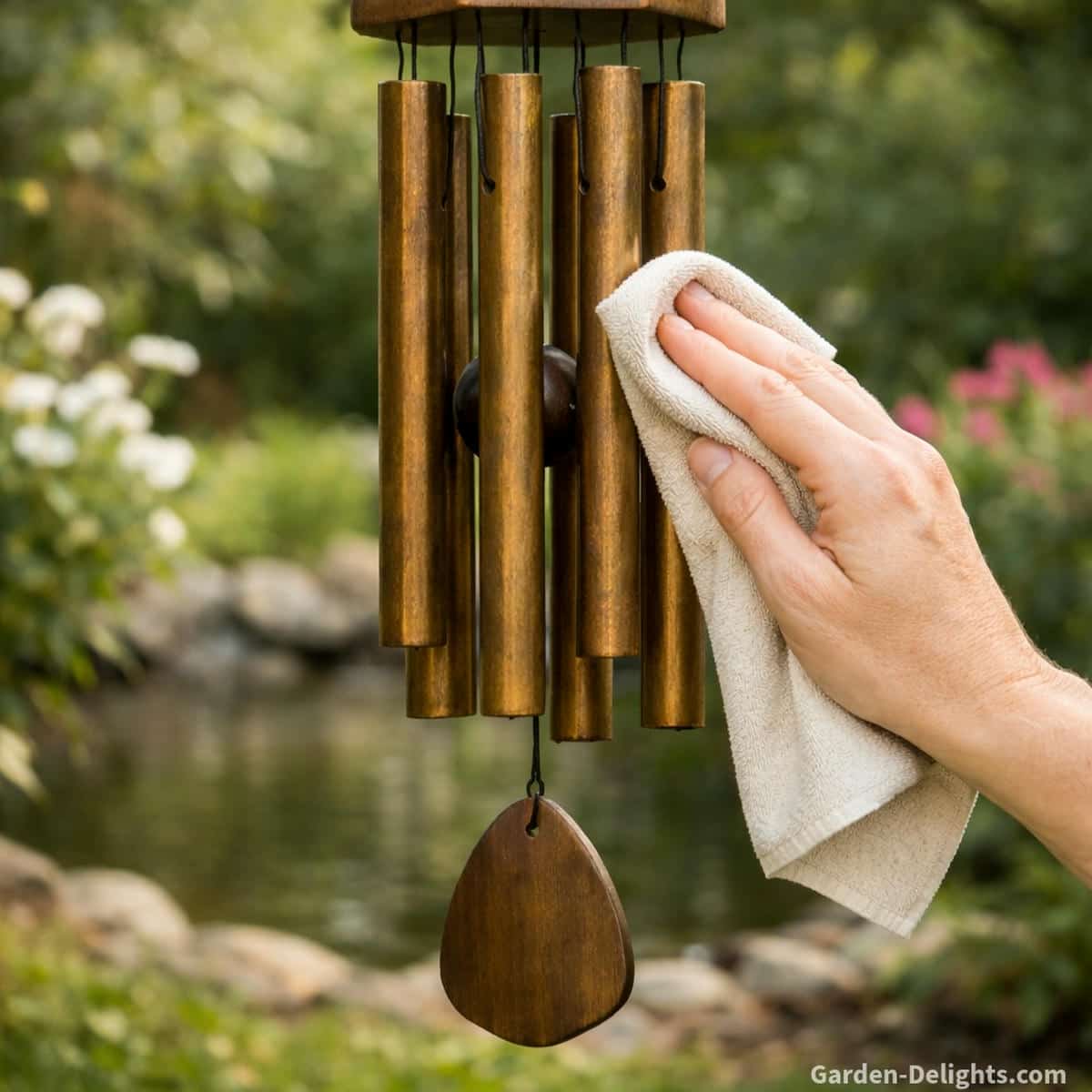 cleaning bronze wind chimes with soft cloth preserving natural patina and restoring deep tone resonance on dark bronze tubes with wooden top in peaceful outdoor garden setting with gentle airflow