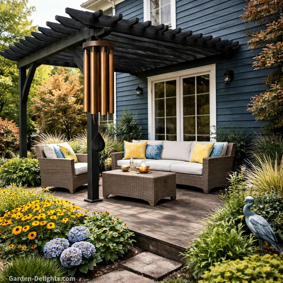 bronze wind chimes on pergola with steady airflow