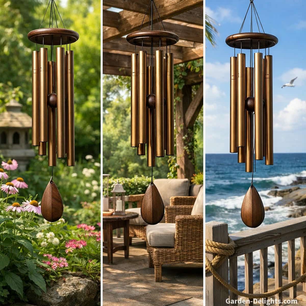bronze wind chimes placed in different outdoor environments including garden patio pergola and coastal space showing airflow exposure cleaning needs and maintenance behavior for deep tone resonance and patina protection