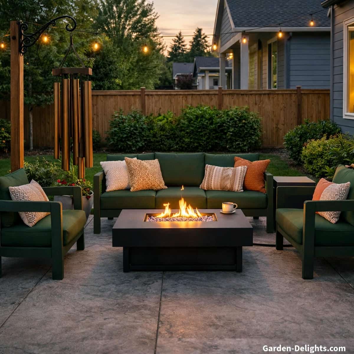 large bronze wind chimes hanging on a metal garden hook beside a modern backyard fire pit seating area with green cushioned chairs, warm string lights overhead and soft evening glow creating deep resonant sound and calming outdoor energy