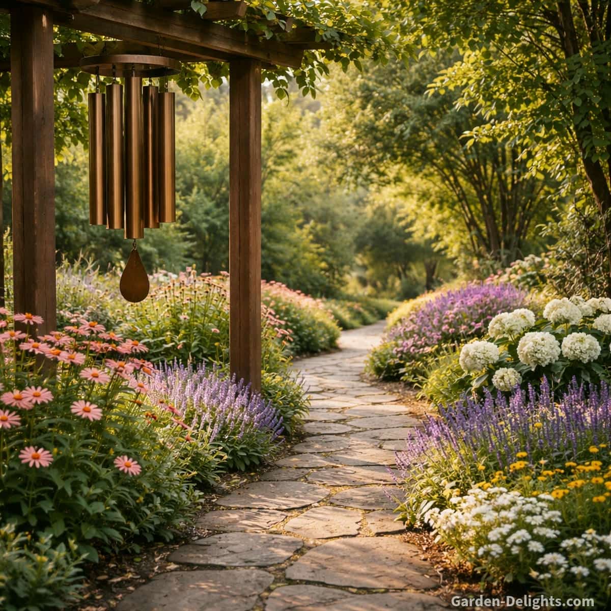 bronze wind chimes over garden path with soft movement and deep tone
