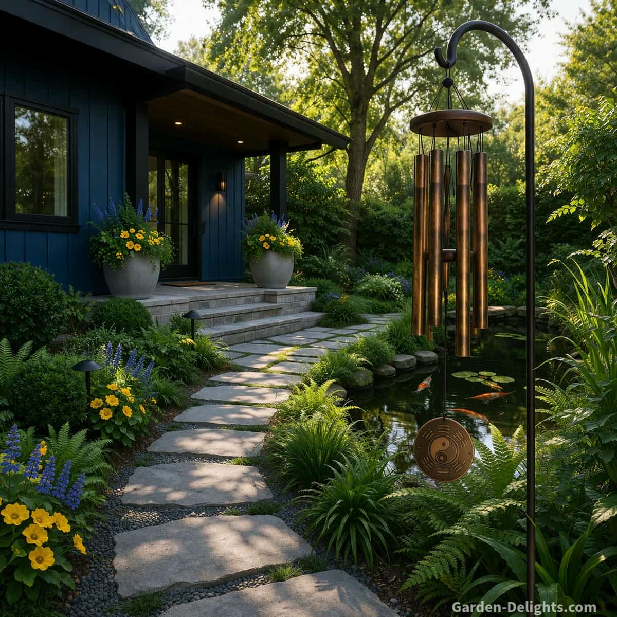 bronze wind chimes in feng shui placement with gentle airflow