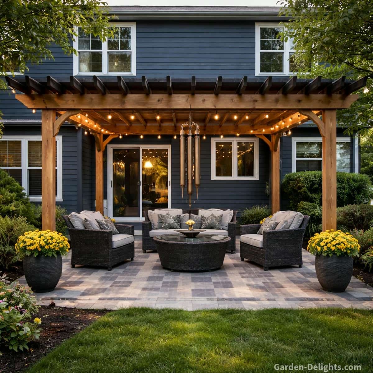 bronze wind chimes on pergola creating deep low tone resonance with steady airflow