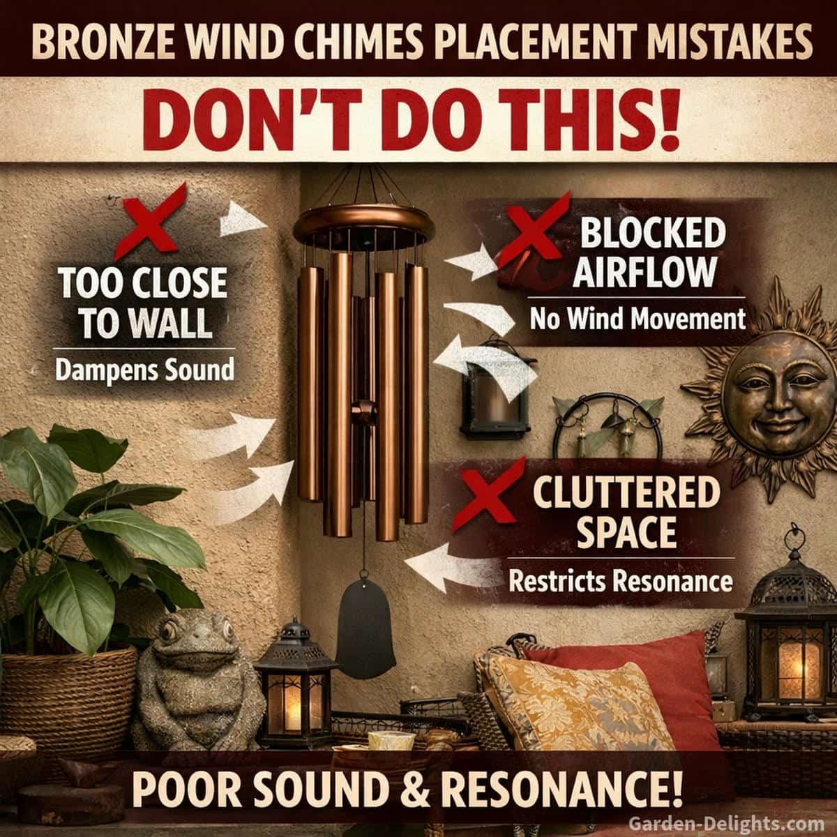 bronze wind chimes hanging too close to a wall and surrounded by crowded patio decor causing blocked airflow uneven resonance and disrupted low frequency sound projection in an outdoor space