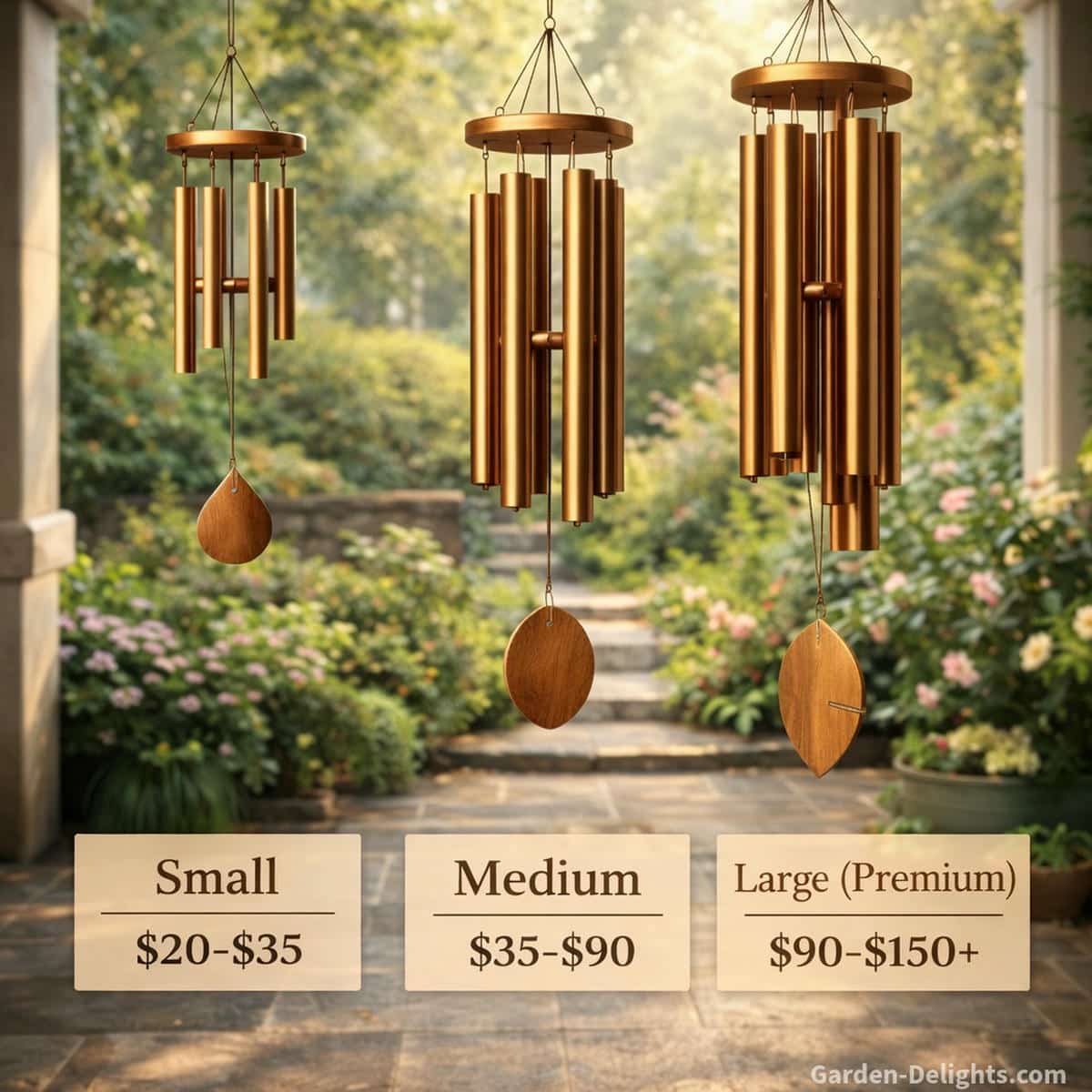 three bronze wind chimes in a size comparison display showing small medium and large premium designs with different tube lengths and wind catchers, placed in a calm outdoor patio setting with soft natural light and gentle airflow, representing price guide selection for deep tone resonance sound quality and balanced energy flow in garden and meditation spaces