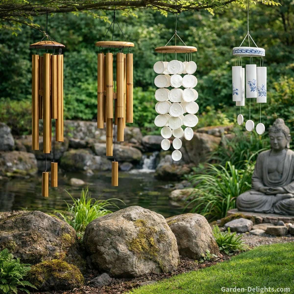 bronze wind chimes compared with metal capiz and ceramic chimes in garden setting showing deep resonance tonal differences airflow response and sound behavior for outdoor relaxation and material selection