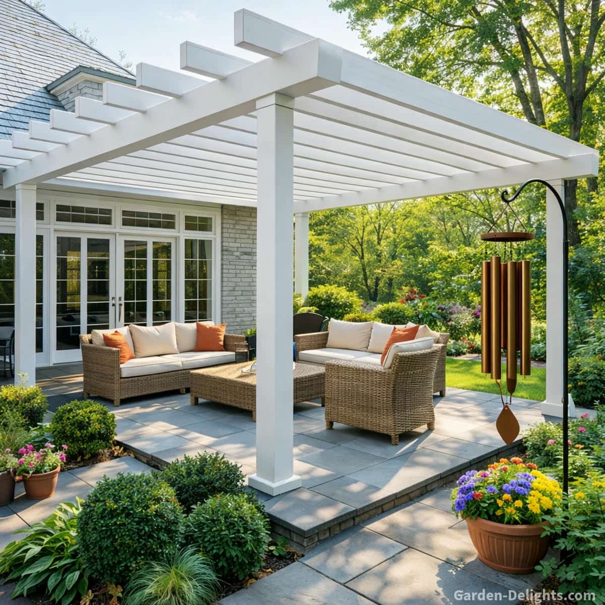 deep tone bronze wind chimes hanging from a pergola hook on a white pergola patio beside a light grey brick home with white trim light wicker seating and colorful summer garden flowers producing rich harmonic overtones long resonance and stable outdoor acoustic performance for peaceful relaxation