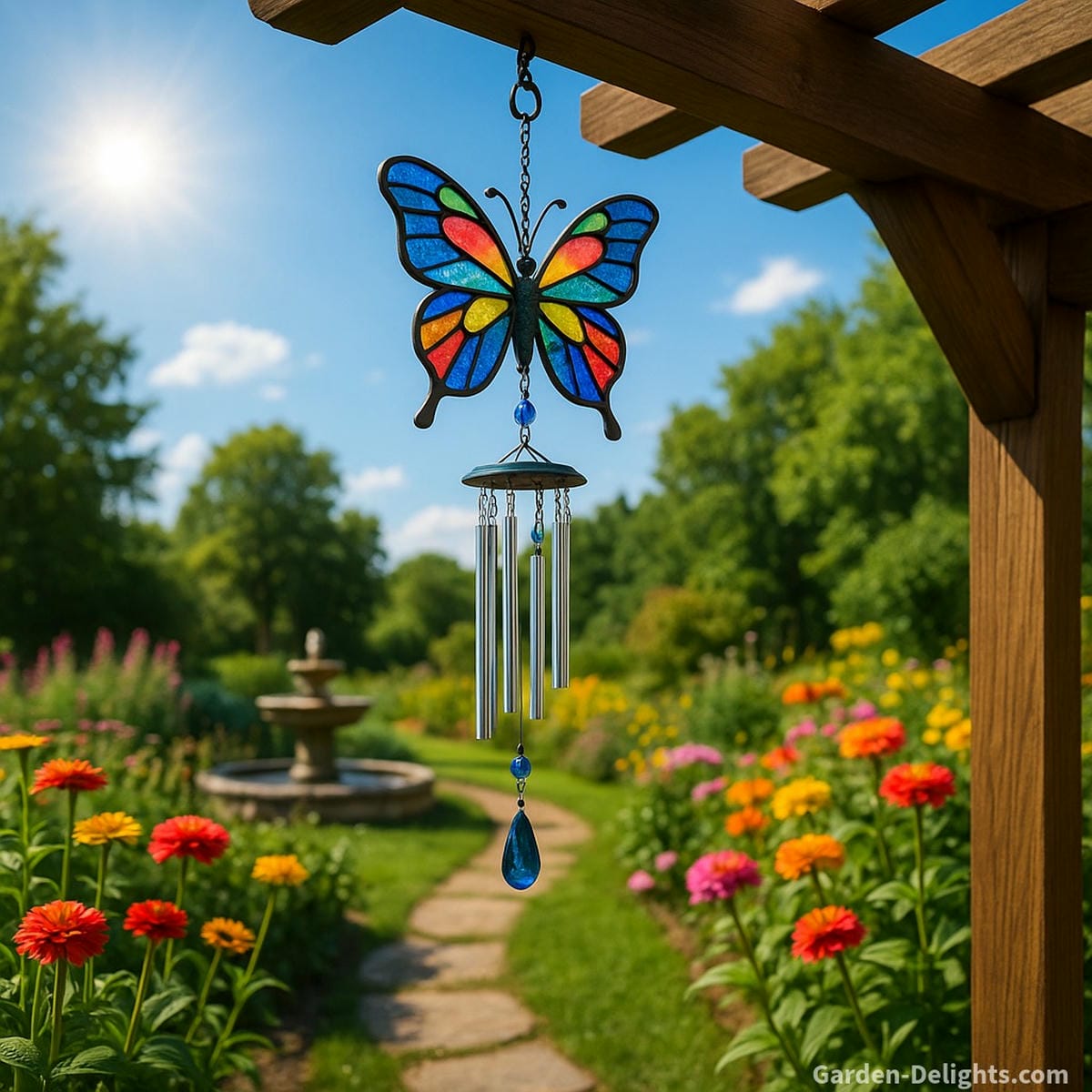 Stained glass butterfly wind chime with aluminum tubes and crystal beads hanging from a wooden pergola in a vibrant backyard garden with a stone path and fountain