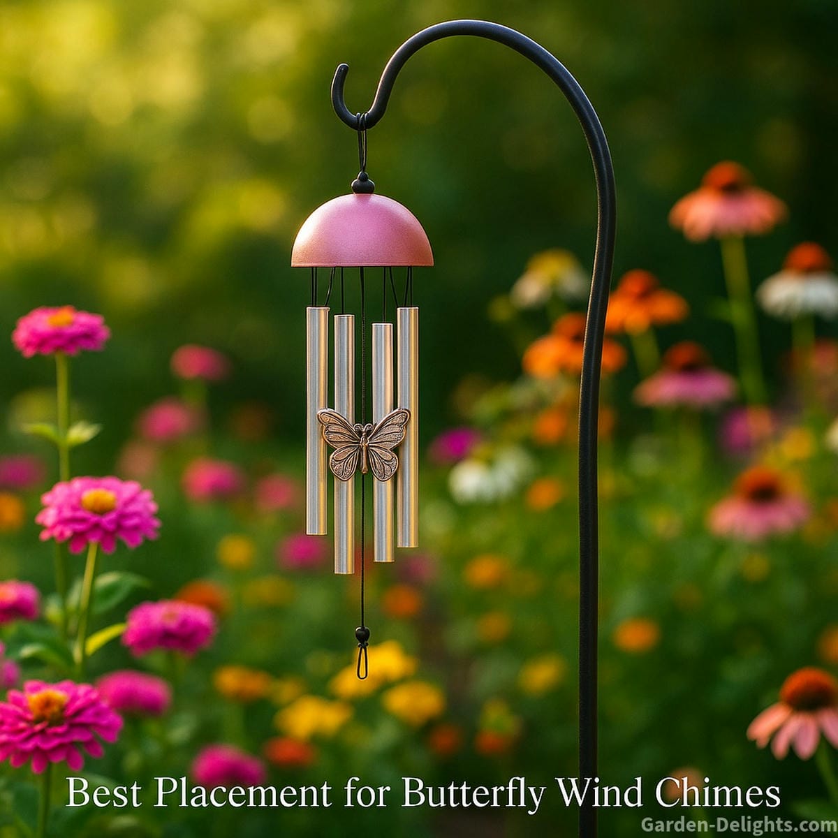 butterfly wind chimes on garden hook with balanced airflow
