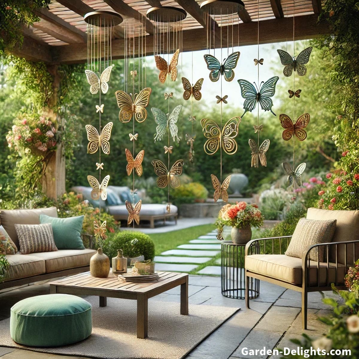 Vibrant butterfly wind chimes hanging from a pergola, gently swaying with the breeze, adding charm to a cozy backyard patio with lush greenery and blooming flowers.