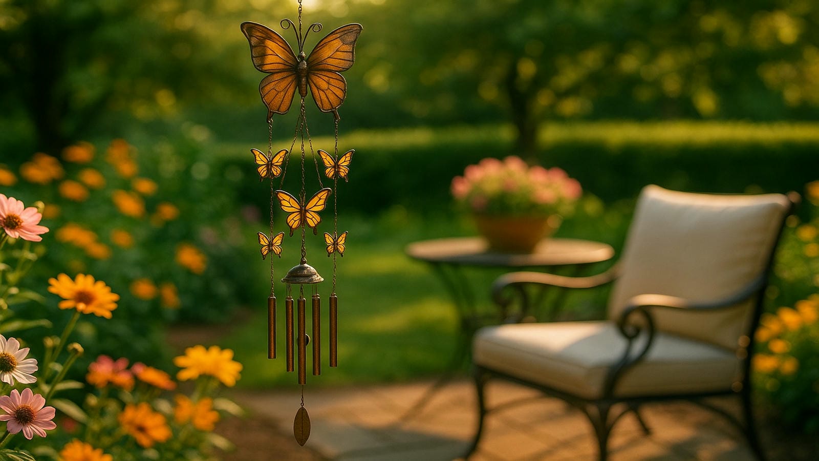 Butterfly wind chimes swaying gently in a sunny garden patio surrounded by blooming flowers, symbolic décor, and peaceful nature ambiance   perfect for meditation, gifting, and outdoor serenity