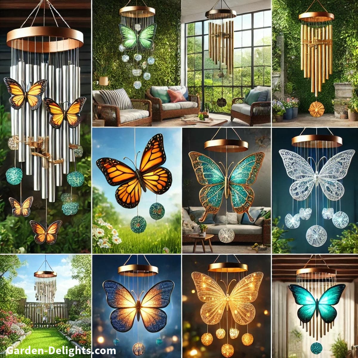 butterfly wind chime styles metal glass and solar reacting to airflow