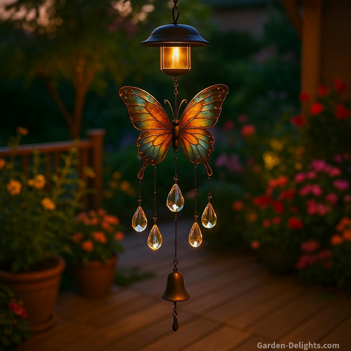 butterfly wind chimes with solar lights glowing softly on patio