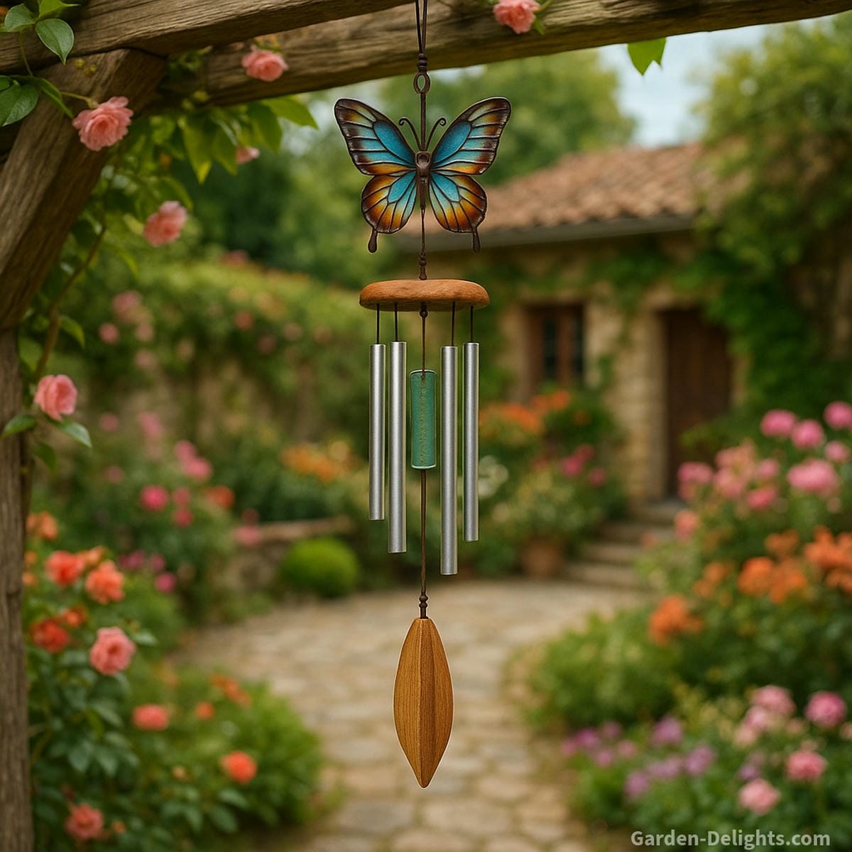 Mixed-material butterfly wind chimes made of aluminum, glass, and bamboo, hanging from a rustic pergola in a blooming courtyard, producing a soft layered melody ideal for gifting and decorative outdoor spaces