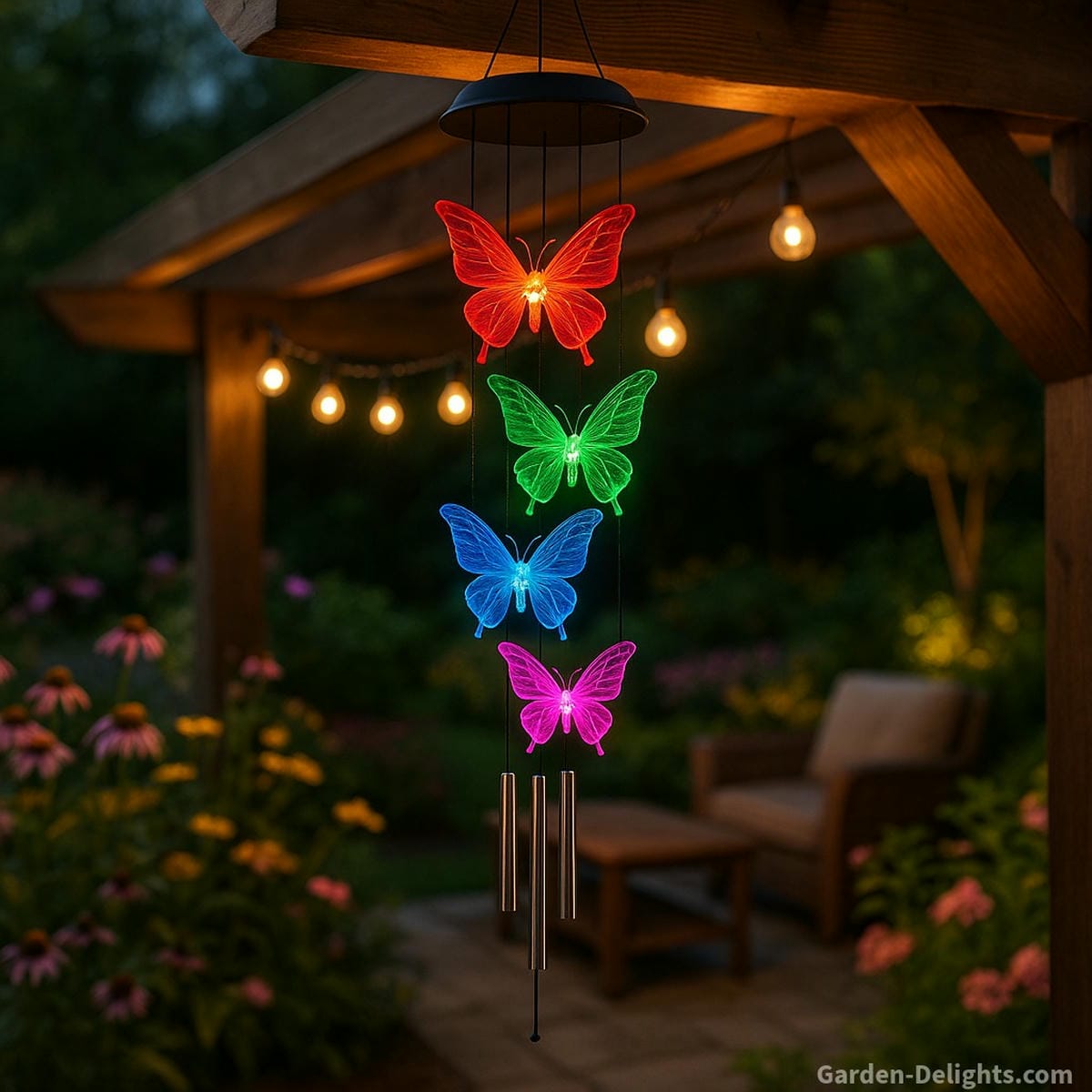 solar butterfly wind chimes glowing with soft airflow