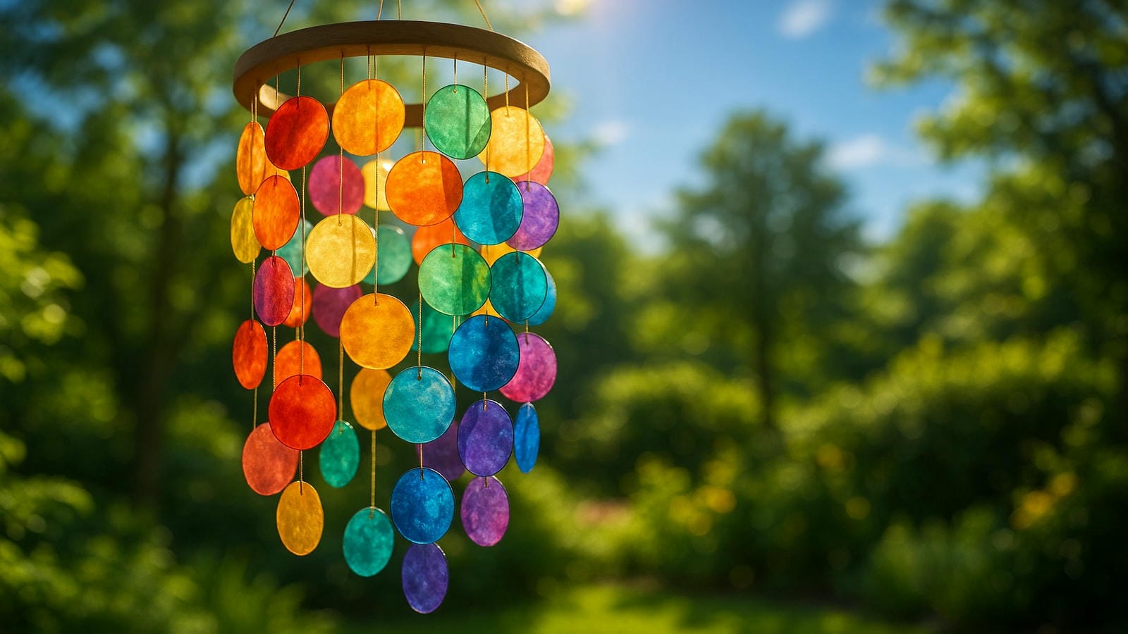 Capiz shell wind chimes glowing in the sunlight, with vibrant translucent discs swaying in a breezy, colorful garden symbolizing serenity, sound healing, and elegant Feng Shui energy flow