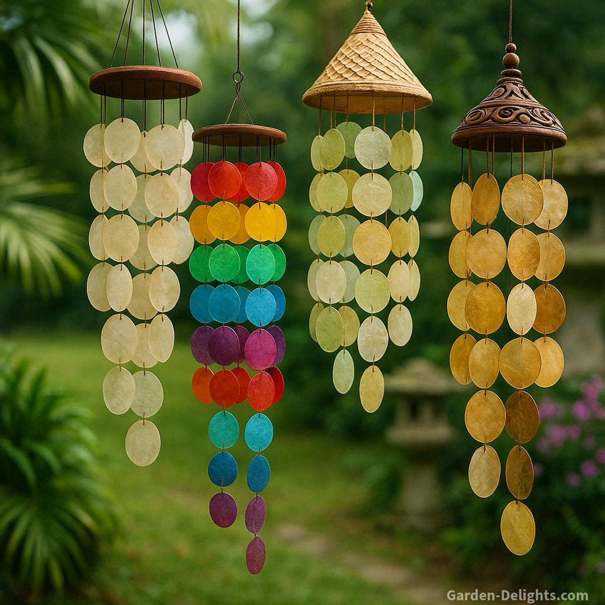 Capiz wind chimes compared by outdoor garden use, colorful seasonal shells, Feng Shui placement for Chi energy, and handmade Filipino artisan symbolism showing rainbow tones, prosperity colors, and meditation décor harmony