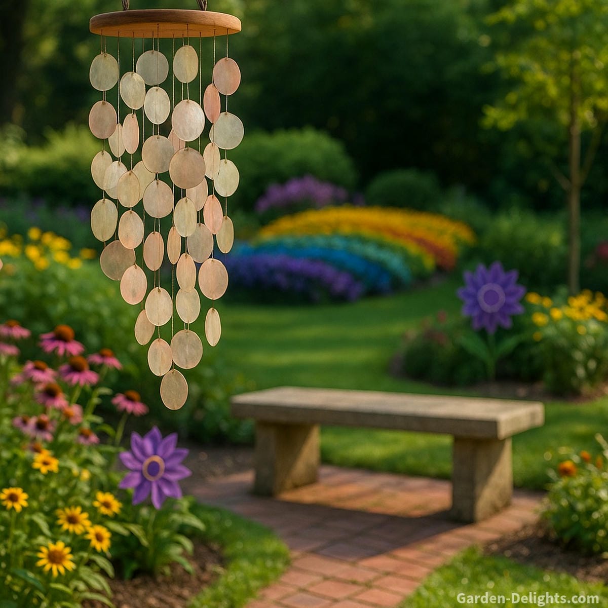 Capiz wind chimes hanging in a tranquil outdoor sanctuary with garden seating, chakra flowers, and soft pastel shells catching light symbolizing spiritual harmony, mindful decor, and energy alignment