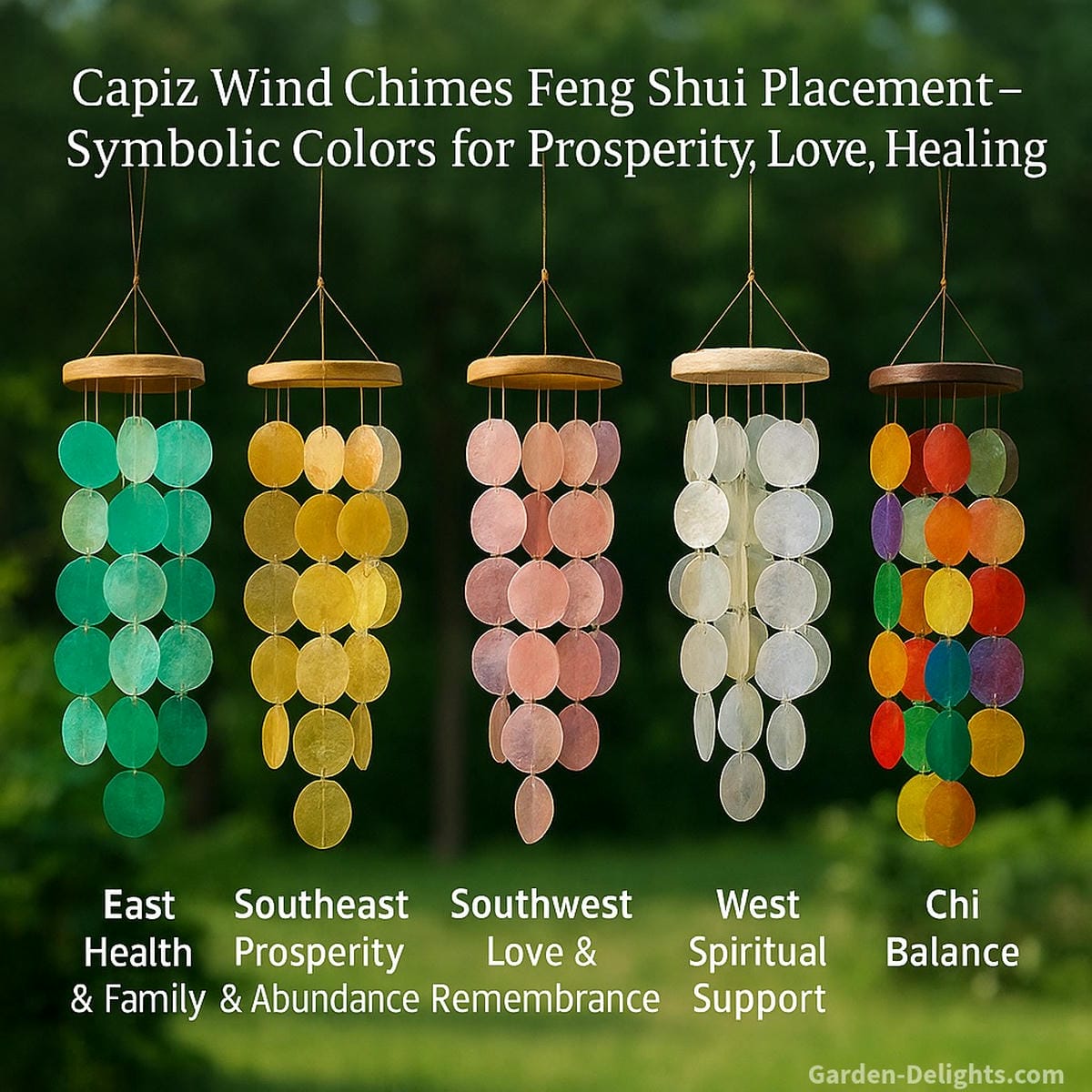 Capiz wind chimes for Feng Shui placement by direction colorful shells in blue, green, gold, pink, and pearl tones symbolizing health, prosperity, love, wisdom, and protection with radiant Chi flow and spiritual healing energy