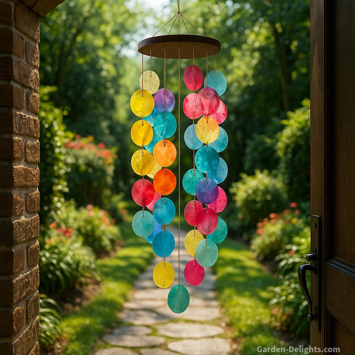 capiz wind chimes at garden doorway with gentle airflow