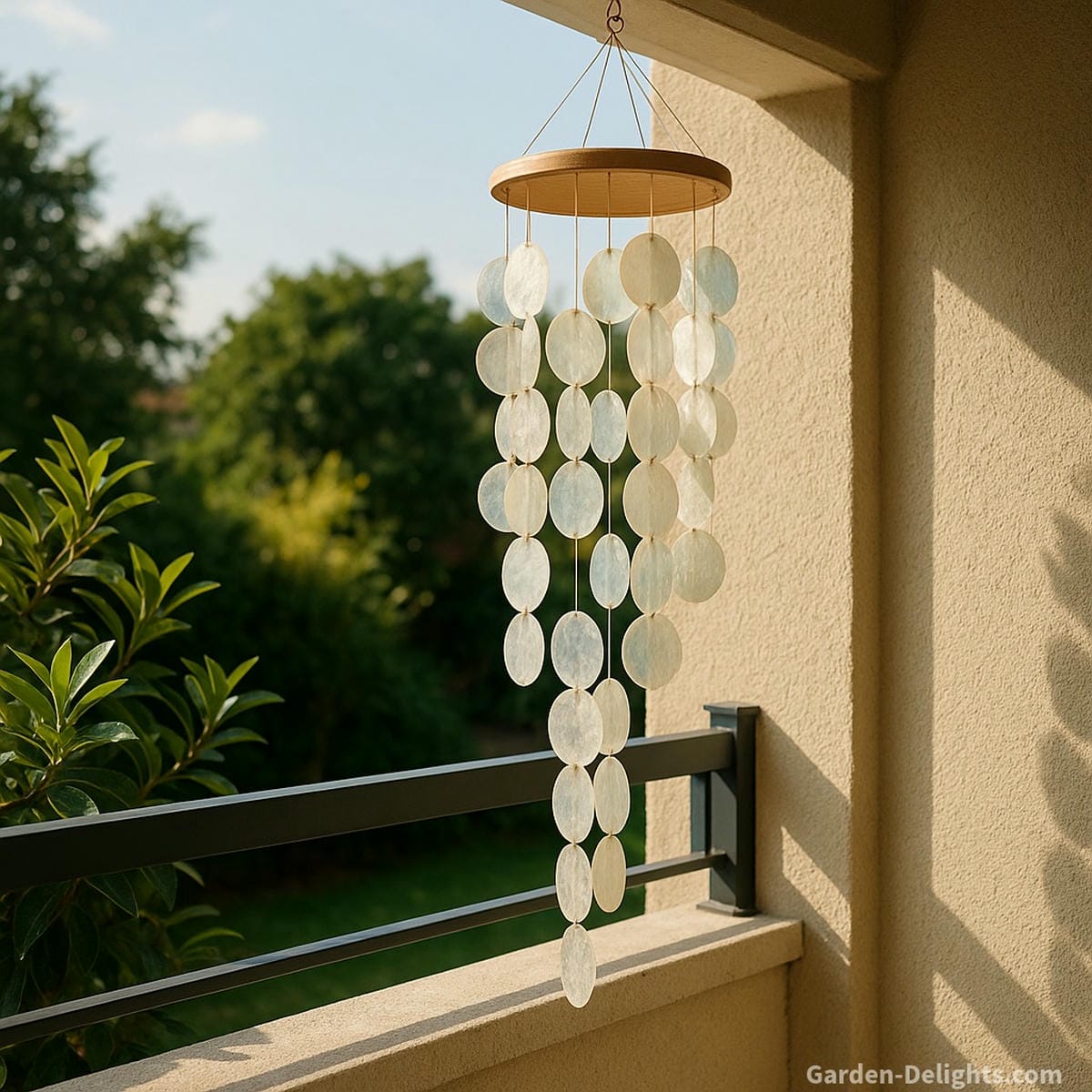 Capiz wind chimes hanging in a Feng Shui balcony corner, with translucent shells catching light and channeling Chi flow, emotional harmony, and symbolic water-element balance