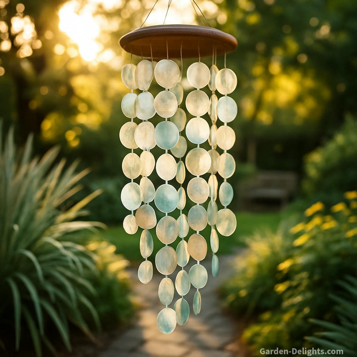 Translucent Capiz wind chimes glowing in golden garden light, surrounded by coastal plants and a peaceful outdoor space radiating soft tone, spiritual meaning, and decorative elegance