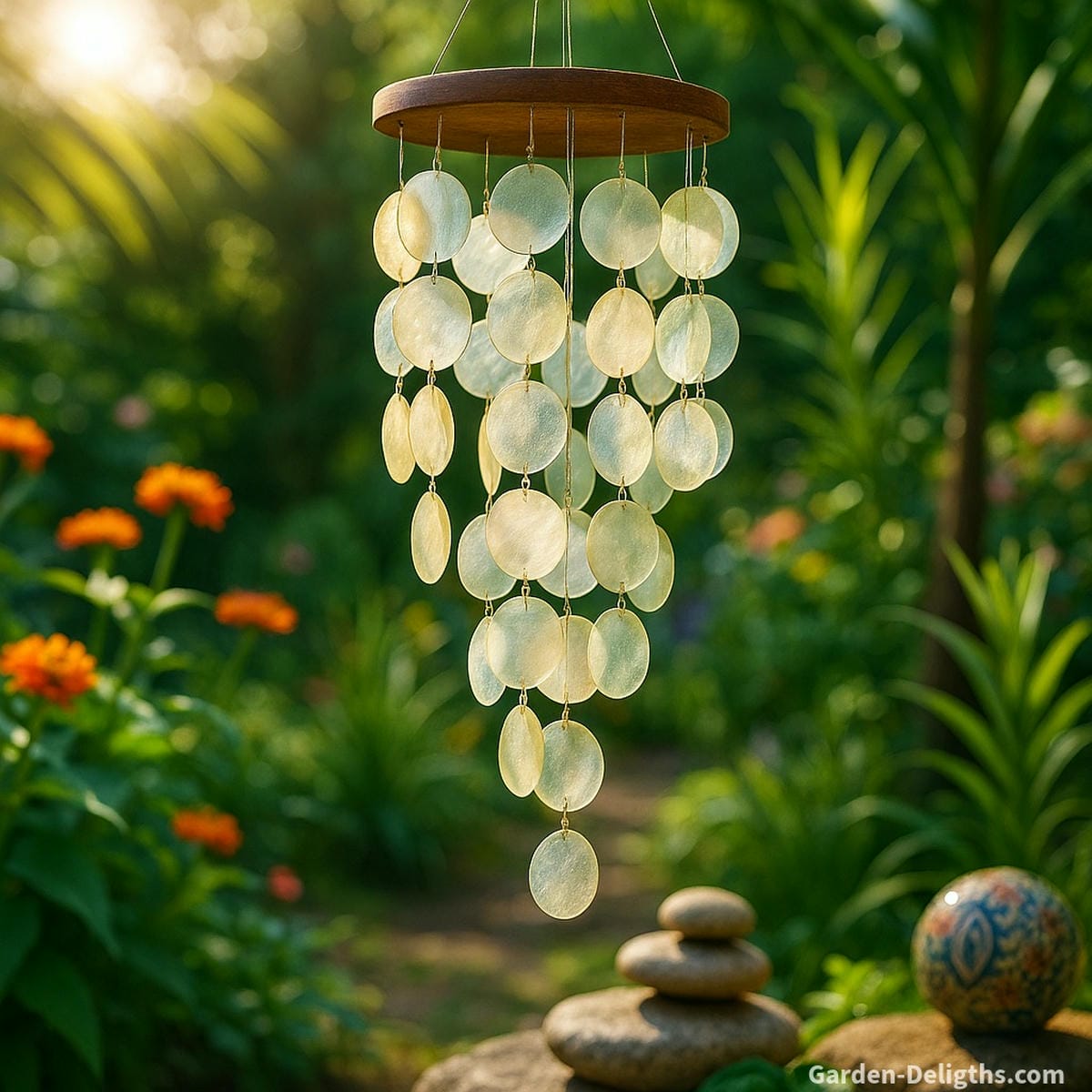 capiz wind chimes glowing in sunlight with soft airflow and shell movement