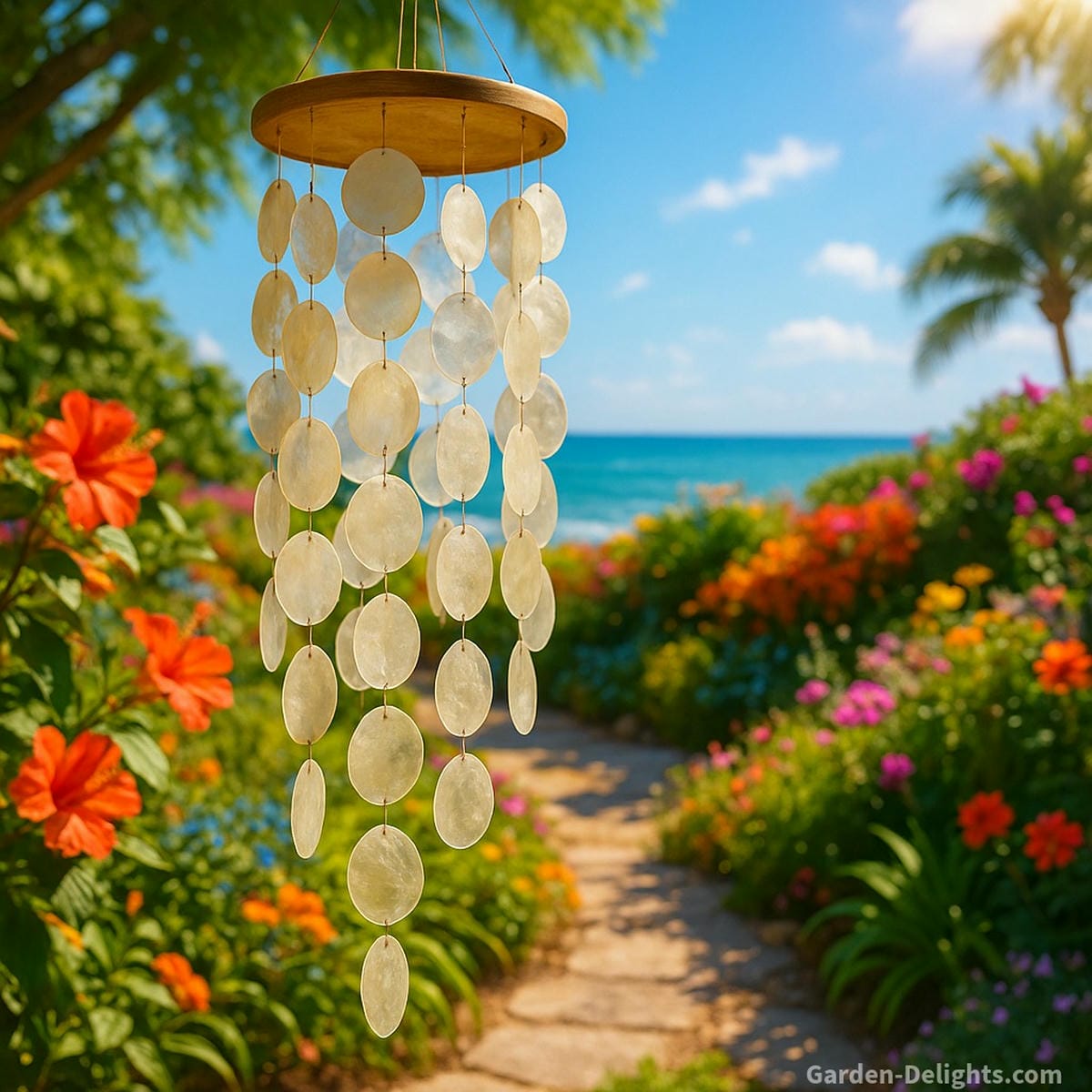 Capiz wind chimes glowing in sunlight within a peaceful coastal garden, with translucent shells catching the breeze symbolizing energy balance, spiritual resonance, eco-conscious décor, and outdoor serenity