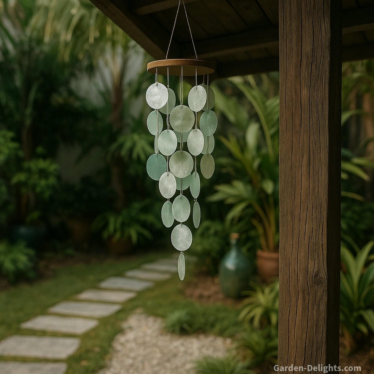 capiz wind chimes placed in patio light with balanced airflow