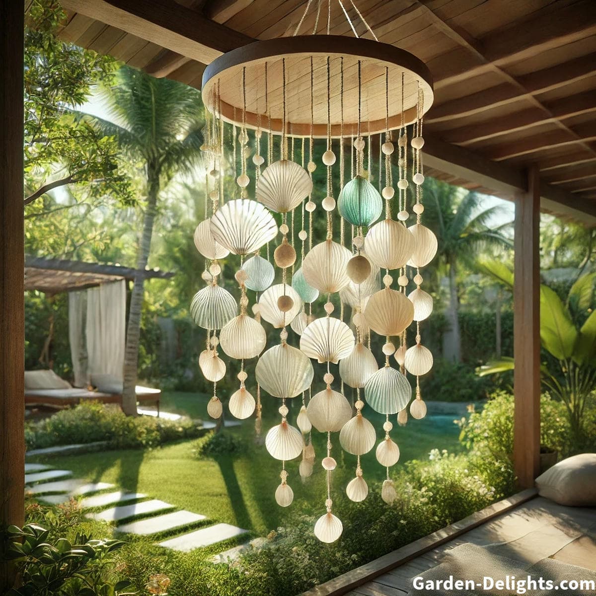 Handmade Capiz wind chimes hanging in a lush backyard with aqua and white shells glowing in soft sunlight creating a soothing, ocean-inspired soundscape for relaxation and balance.