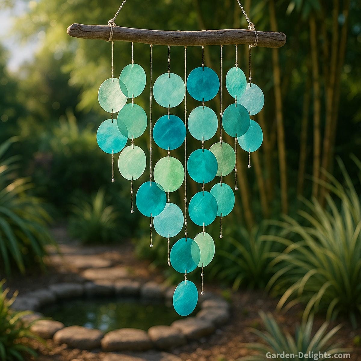 capiz wind chimes in blue tones creating calm emotional atmosphere