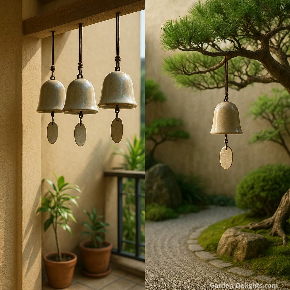 Ceramic wind chimes hanging in a serene balcony nook and Zen-inspired garden glazed bells catching light, echoing soft tones, and symbolizing peace, protection, and artistic balance