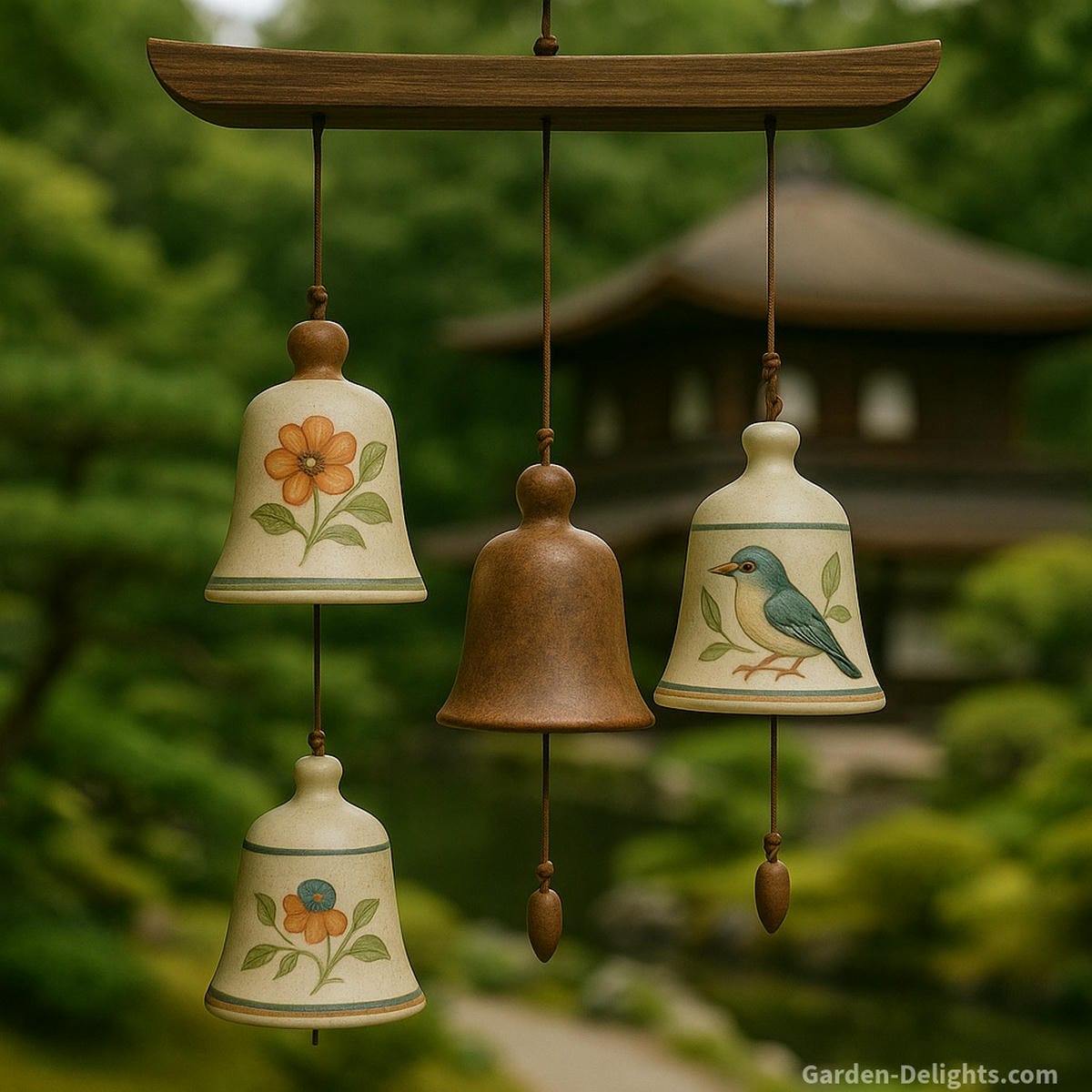 ceramic wind chimes selection in garden setting