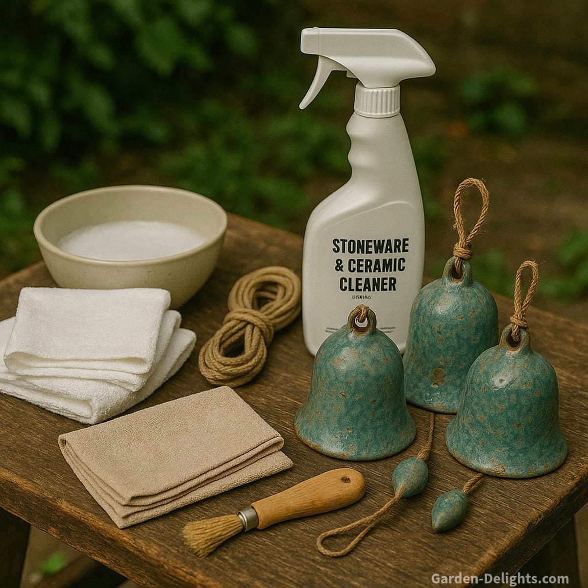 Cleaning ceramic wind chimes with supplies like soft cloths, glaze-safe sprays, and storage tools in a rustic garden workstation with pottery chime pieces
