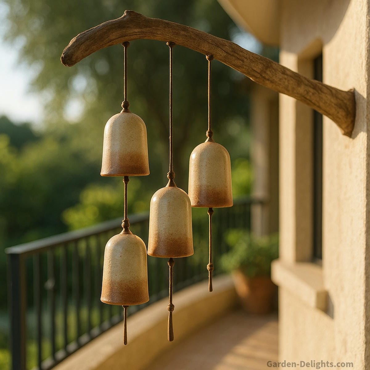 Ceramic wind chimes hanging in a Feng Shui entryway and balcony corner stoneware bells glowing with sunlight, channeling Chi flow, symbolic energy, and spiritual balance in a peaceful outdoor setting