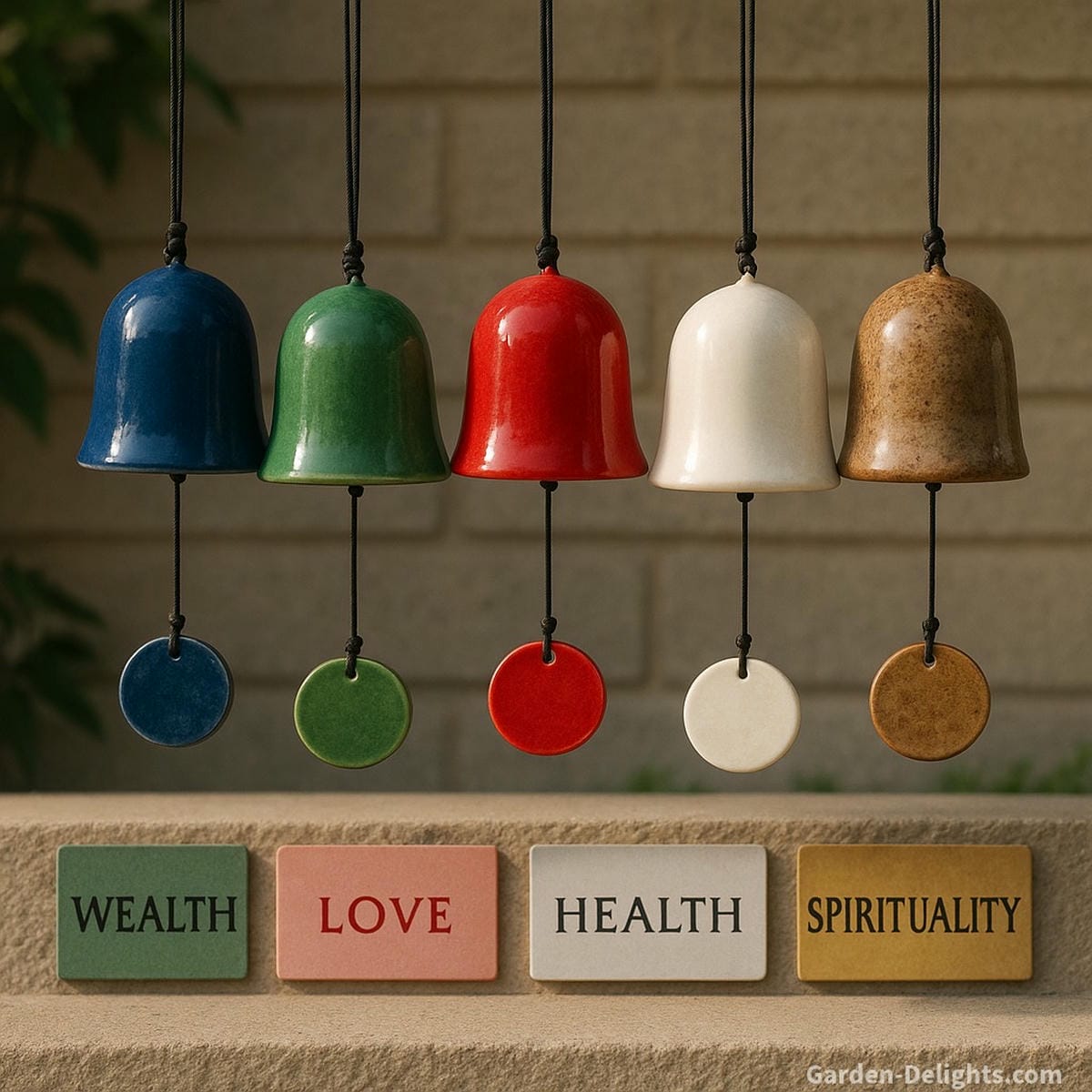 Ceramic wind chimes in Feng Shui placement zones glazed chimes in blue, green, red, white, and earth tones enhancing prosperity, love, health, and spiritual balance