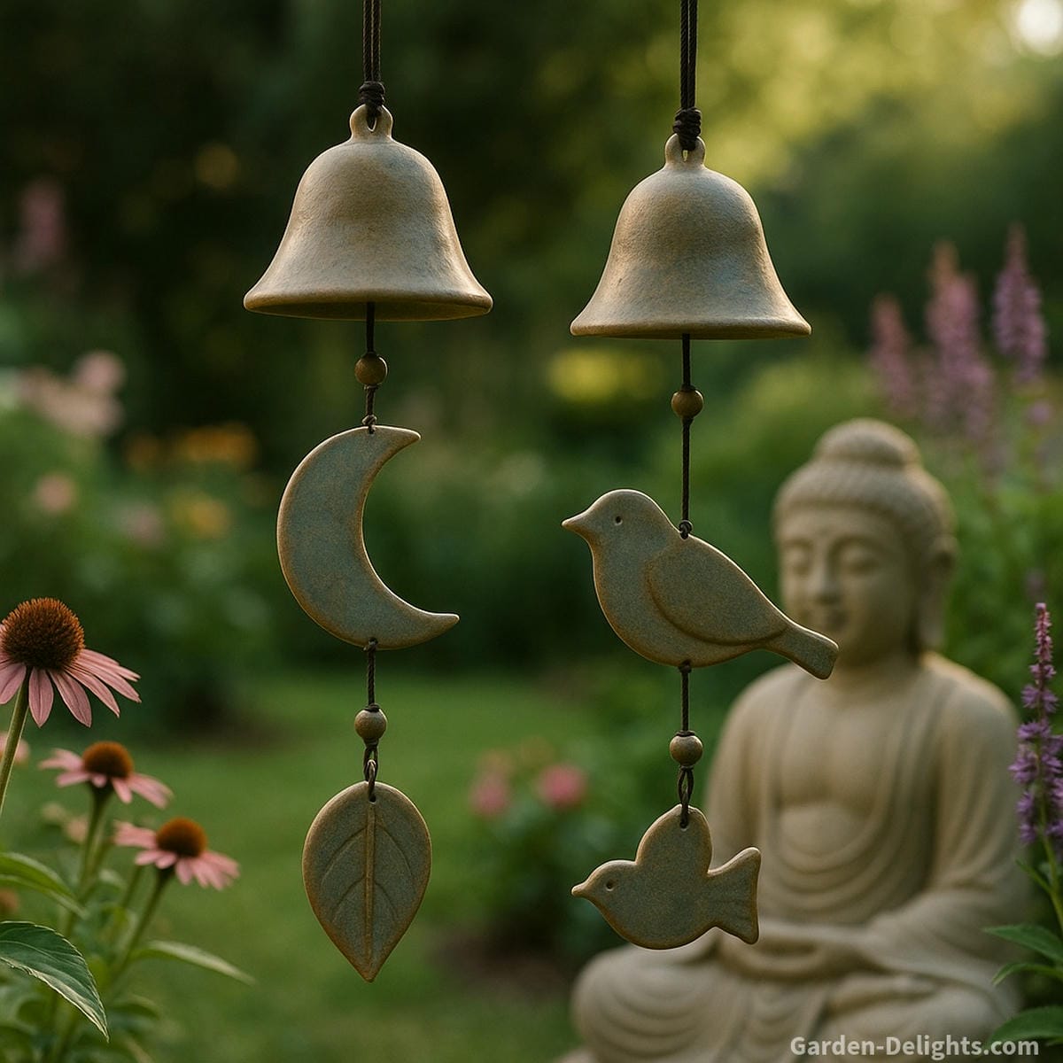 Handcrafted ceramic wind chimes with moon and bird motifs gently swaying in a peaceful garden surrounded by flowers, a stone Buddha statue, and soft sunlight, symbolizing grief healing, Chi balance, and emotional tranquility