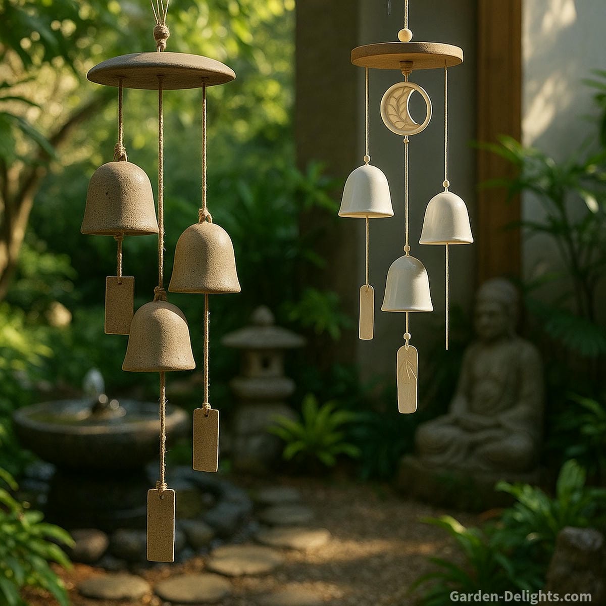 Indoor and outdoor ceramic wind chimes hanging in a peaceful Zen garden with sunlight, greenery, and symbolic decor showcasing stoneware and porcelain chimes used for sound healing, Feng Shui alignment, and emotional clarity