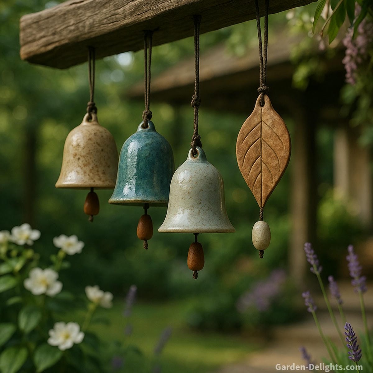 ceramic wind chimes in calm garden environment