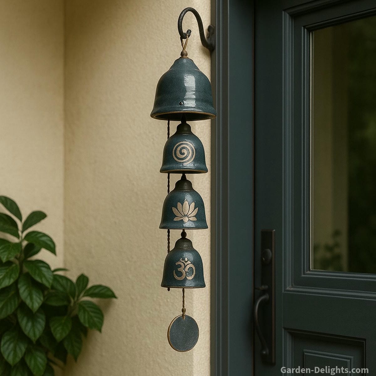 Ceramic wind chimes glazed in charcoal and navy, hanging near a peaceful front door entryway symbolizing Chi protection, career success, and spiritual grounding through Feng Shui placement.