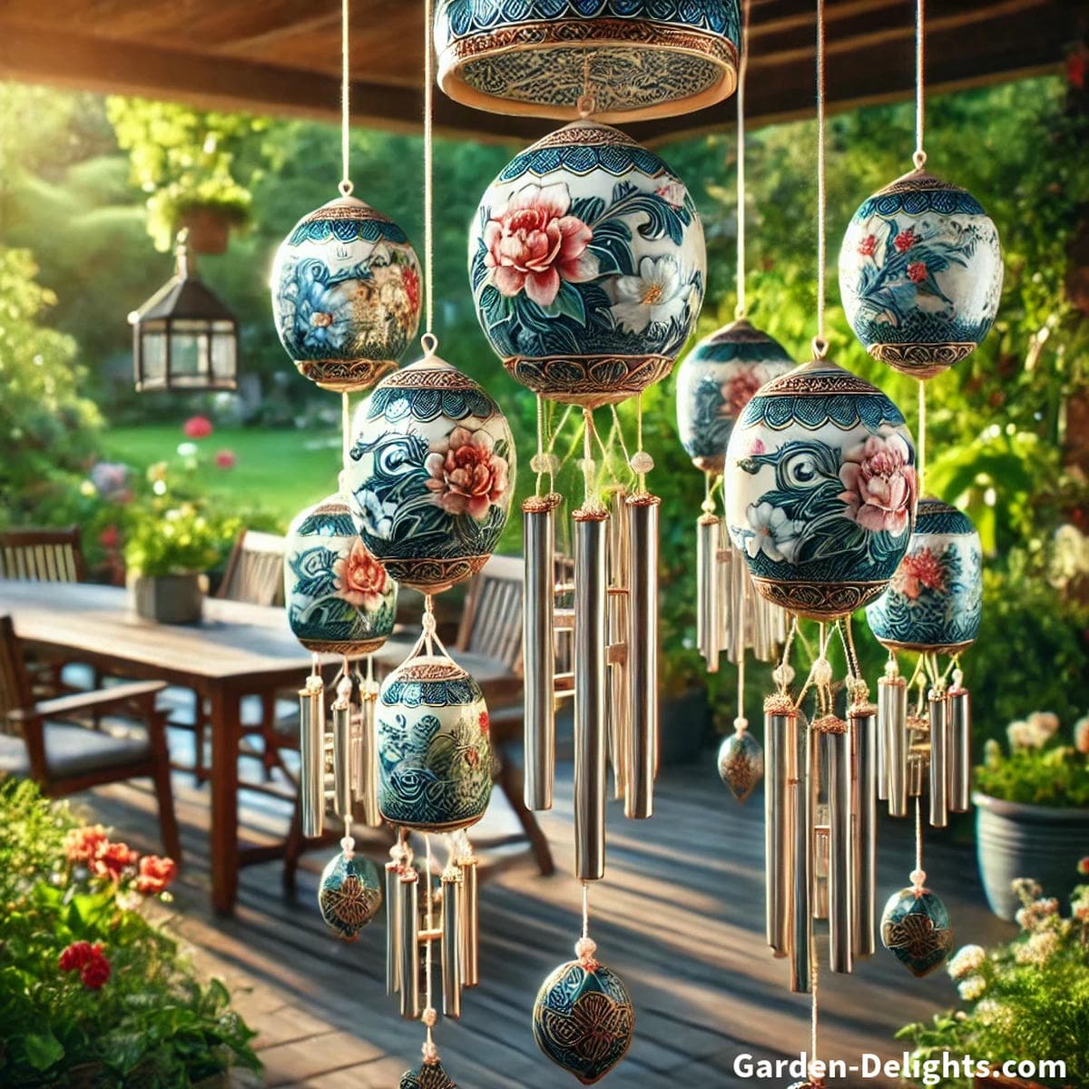Handmade ceramic wind chimes with painted garden inspired patterns swaying gently in warm porch light creating soothing tone color harmony and artistic outdoor decor